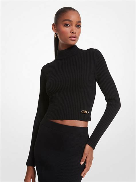 Ribbed Merino Wool Blend Cropped Turtleneck Sweater